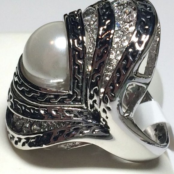 Pearl Cocktail Ring Size 6 Art Deco Statement Vintage Style Silver RhodiumPlated - Picture 8 of 12